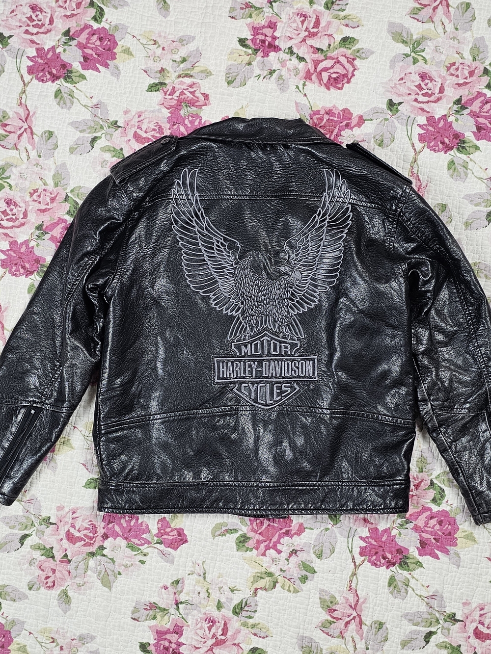 Harley-Davidson Black Leather Kids' Bomber Jacket with Eagle Back Art